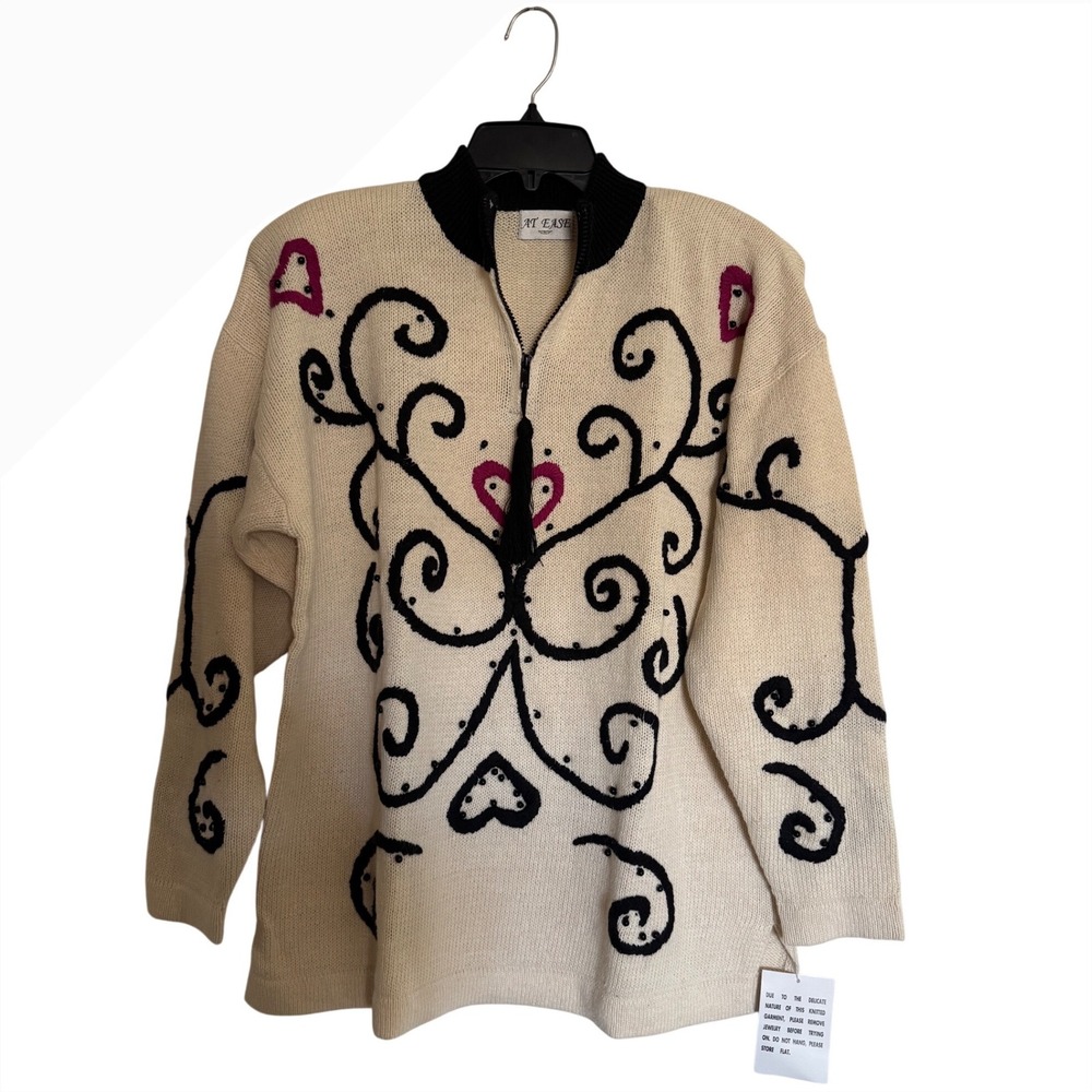 At Ease Vintage Women Cream Knit Heart Scroll Quarter Zip Sweater Tassel Large